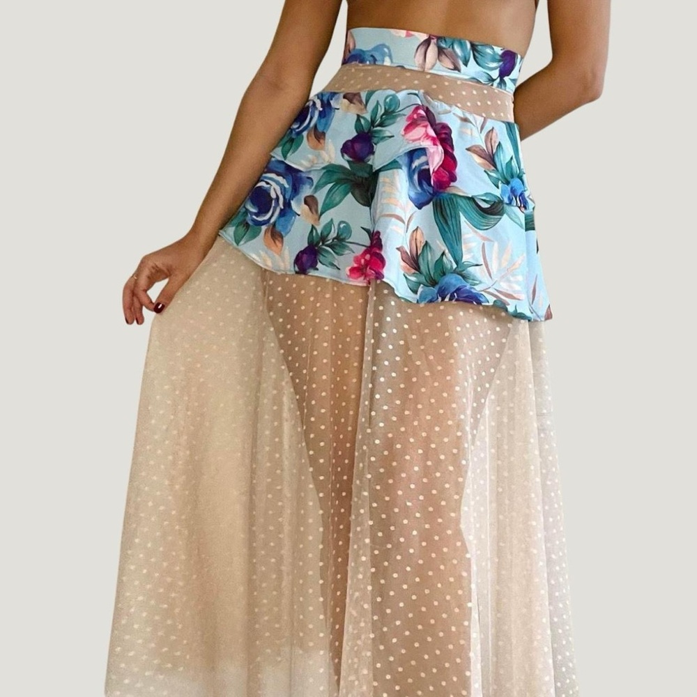 Camila Sarasty | Cream blue floral lace tiered cut out maxi skirt | Size S/M